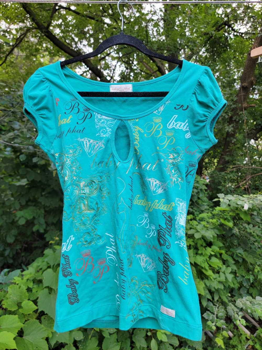 Baby Phat Teal Keyhole Short Sleeve Tee with Metallic Script